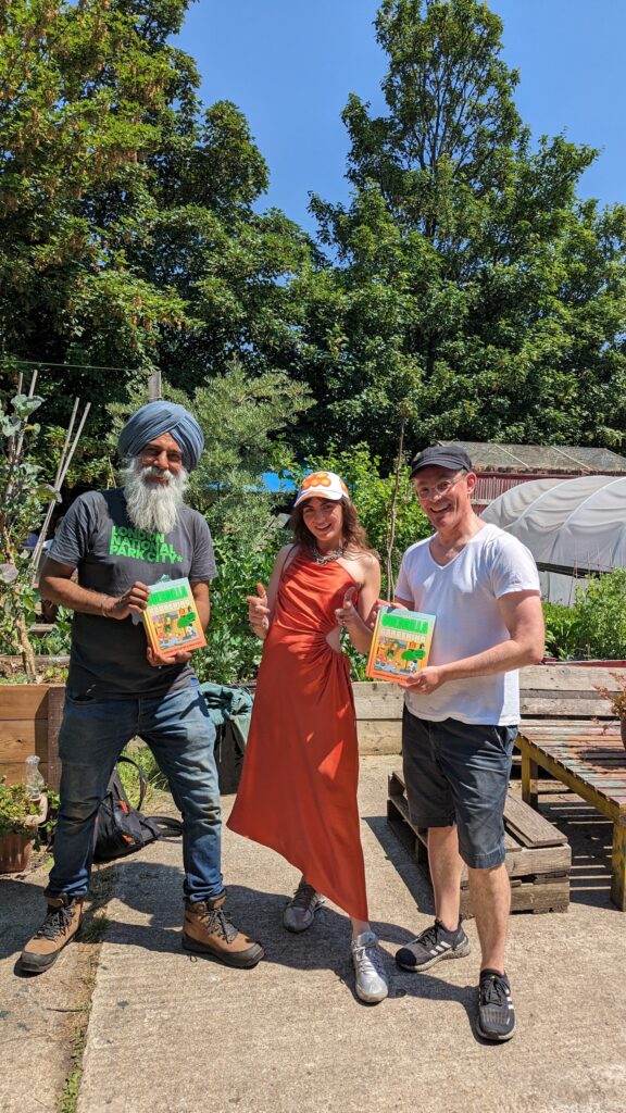 Navdeep Deol - Ellen Miles - Mark Cridge at launch of Ellen's Book Guerilla Gardening